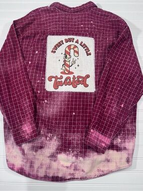 Custom Up Cycled Bleached Flannel with Candy Cane Patch